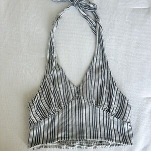 American Eagle Outfitters Navy Blue and White Sleeveless Crop Tank Top